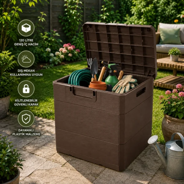 Rika Garden Brown Wood-Patterned Plastic Garden Storage Chest